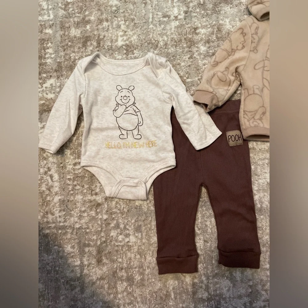 Disney Baby Winnie the Pooh 3 pc Cream and brown Matching Set size 6/9M